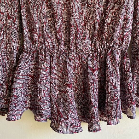 Rebecca Minkoff 100% Silk Maroon & Black Print Peplum Blouse Sz.S - Picture 4 of 10